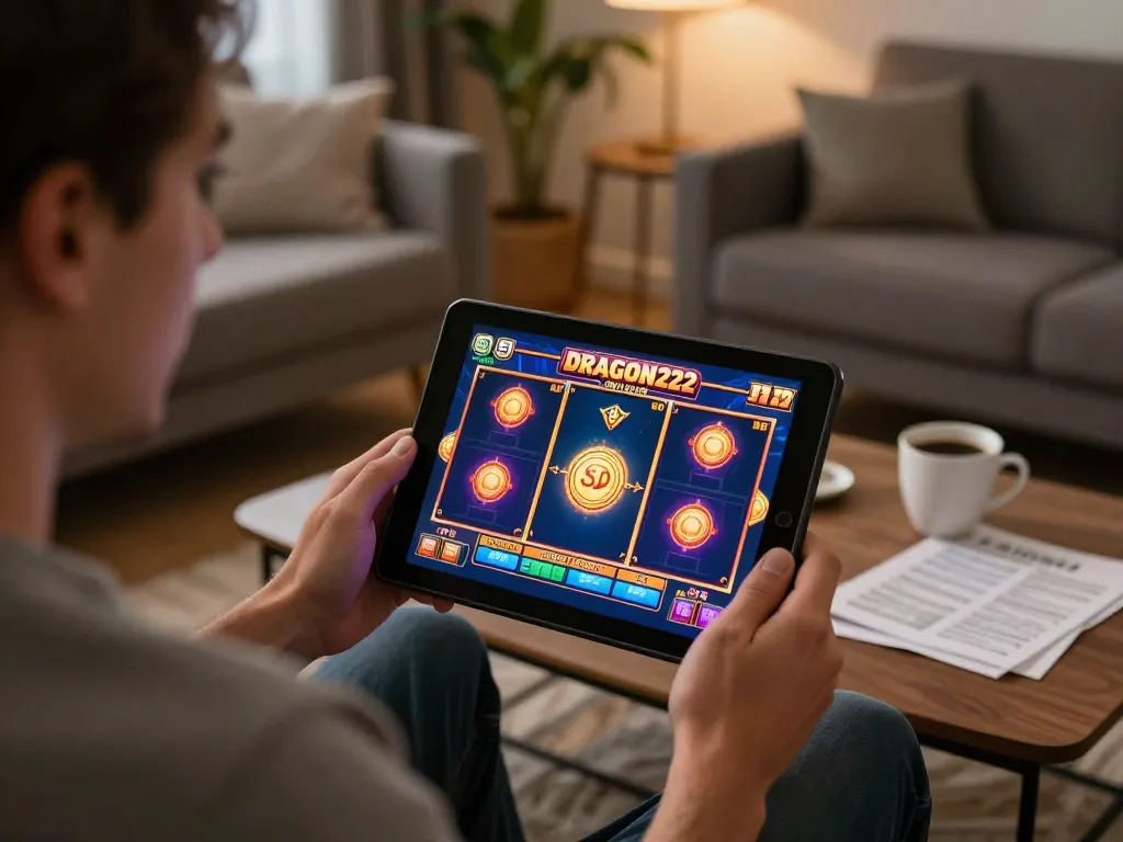 Player engaging in a slot game on DRAGON222 at home with strategy notes nearby
