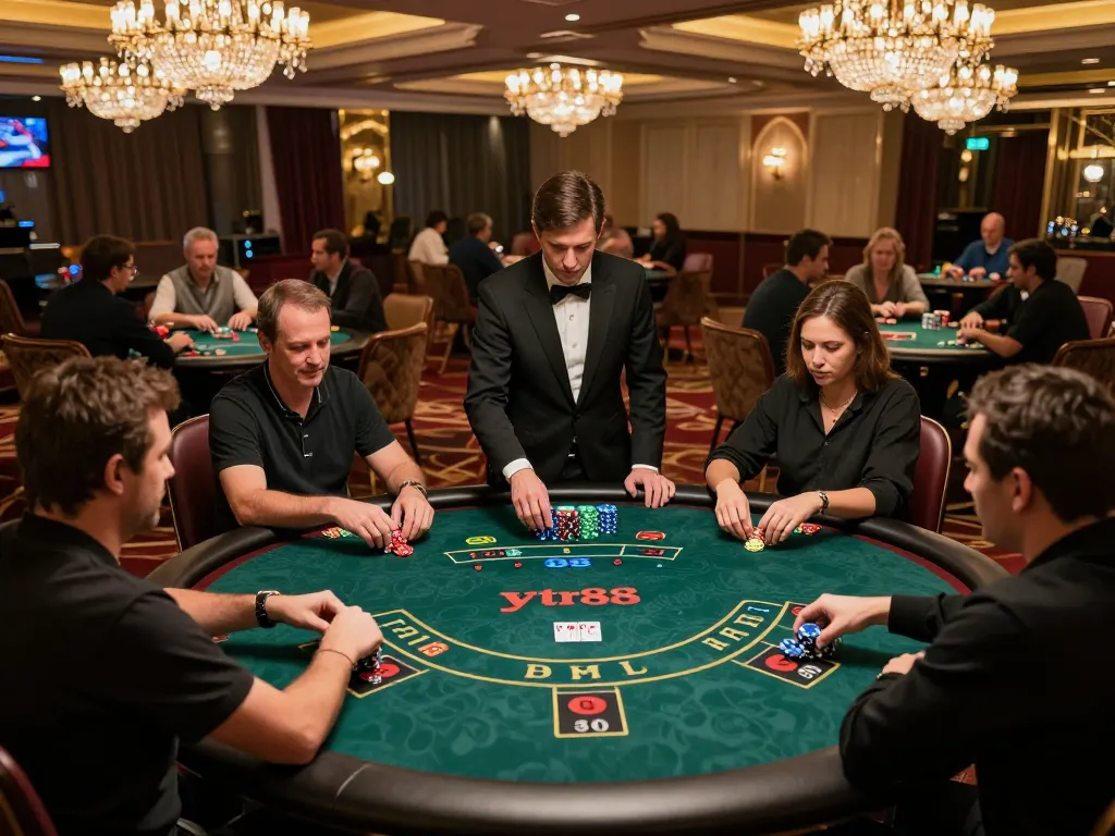 Players engaging in a spirited poker game at a luxurious casino, showcasing the excitement and strategy at ytr88.