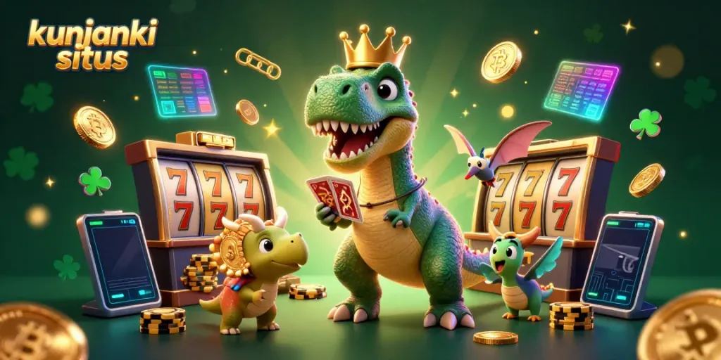 Kunjungi situs slot gacor dengan karakter lucu, chips emas, dan koin cryptocurrency yang bersinar.