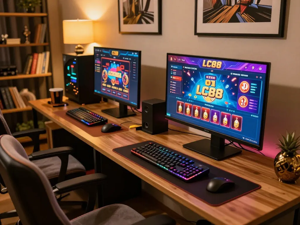 Player engaging with the LC88 online casino interface on a stylish gaming setup, showcasing modern gaming accessories and inviting decor.
