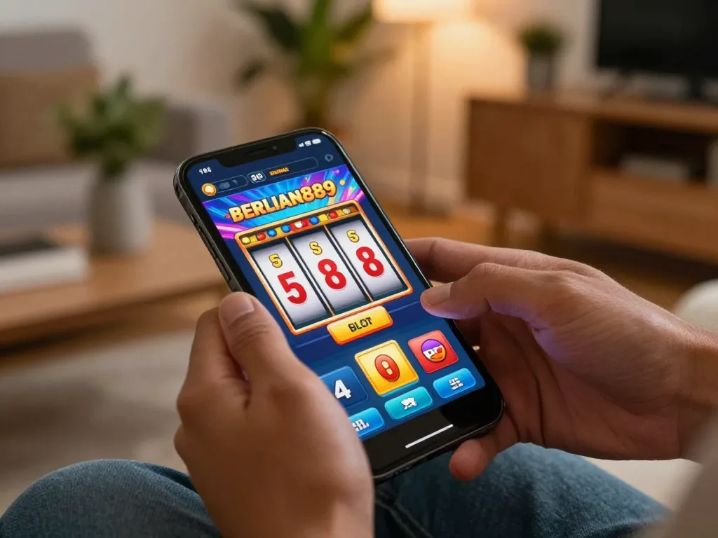 Engaging with the BERLIAN889 Slot game on a smartphone in a cozy home setting, showcasing mobile gaming excitement
