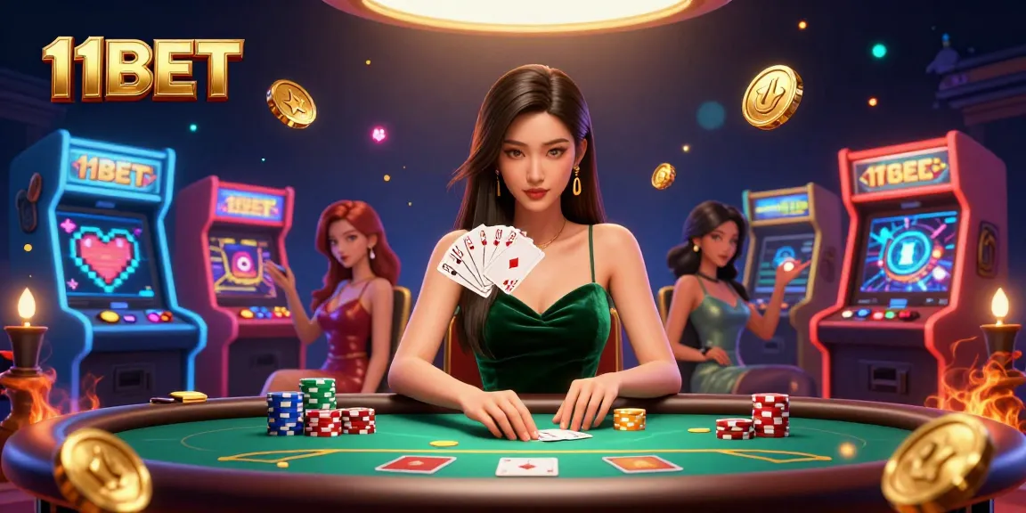 Engage in thrilling poker at 11BET, featuring an elegant Asian woman amidst vibrant casino elements.