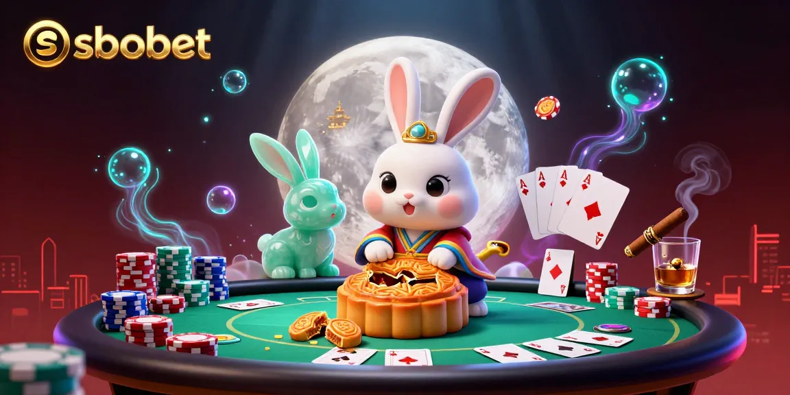 Engage in sbobet betting with this vibrant 3D illustration featuring a moon rabbit and poker elements.