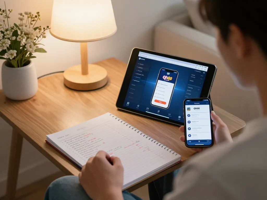 Engaged user exploring Qh88 chính thức app for online gambling strategies at home.