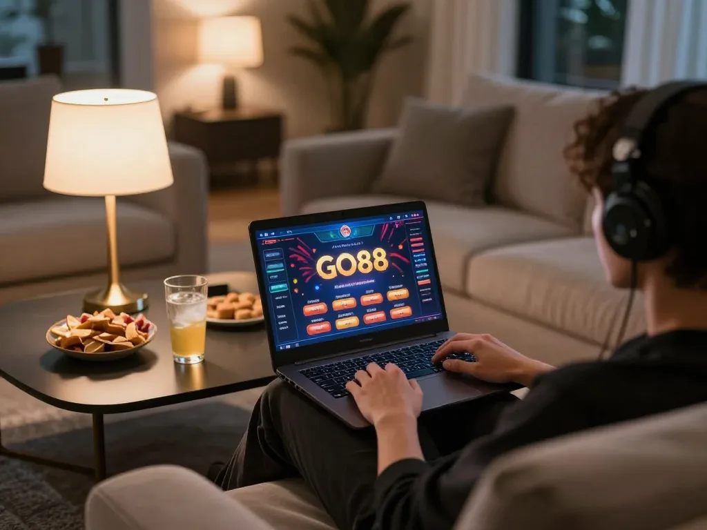 Player engaging with the GO88 online casino interface at home, showcasing a modern gaming setup