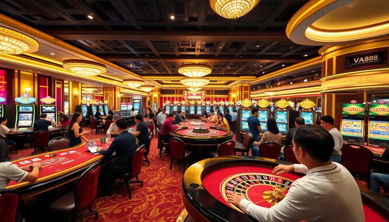 Players enjoying thrilling games at VA88, showcasing an exciting casino atmosphere with cards and roulette.