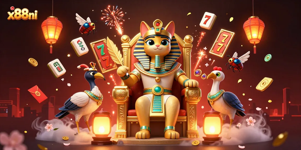 Illustration of a vibrant online casino featuring x88ni with a pharaoh cat and rich symbols of luck.