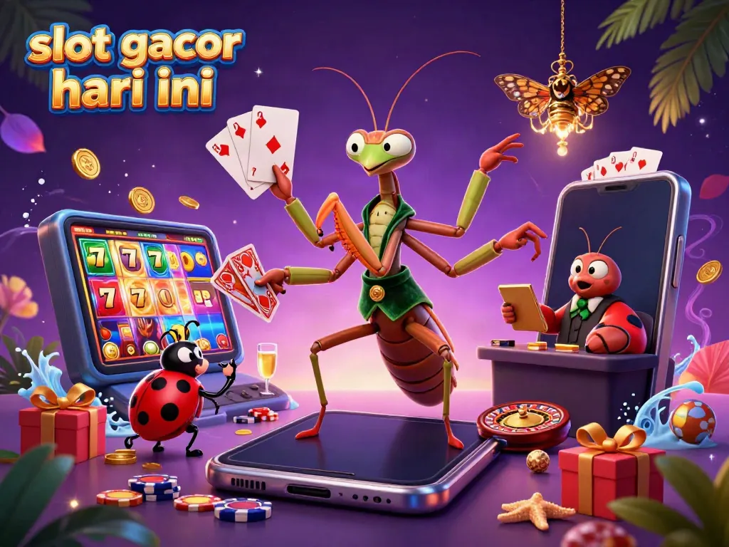 Slot gacor hari ini: ilustrasi kartun 3D kasino penuh warna dengan karakter unik dan elemen permainan.