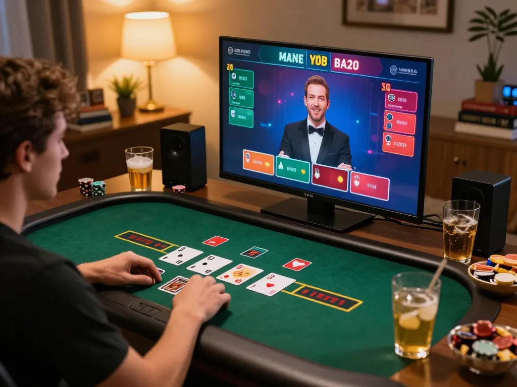 Player engaging in live blackjack game at home, showcasing 789 win strategy with exciting bets and gameplay.