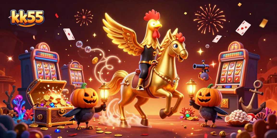 Engage with games at kk55, featuring vibrant fun and a golden rooster at a magical casino.