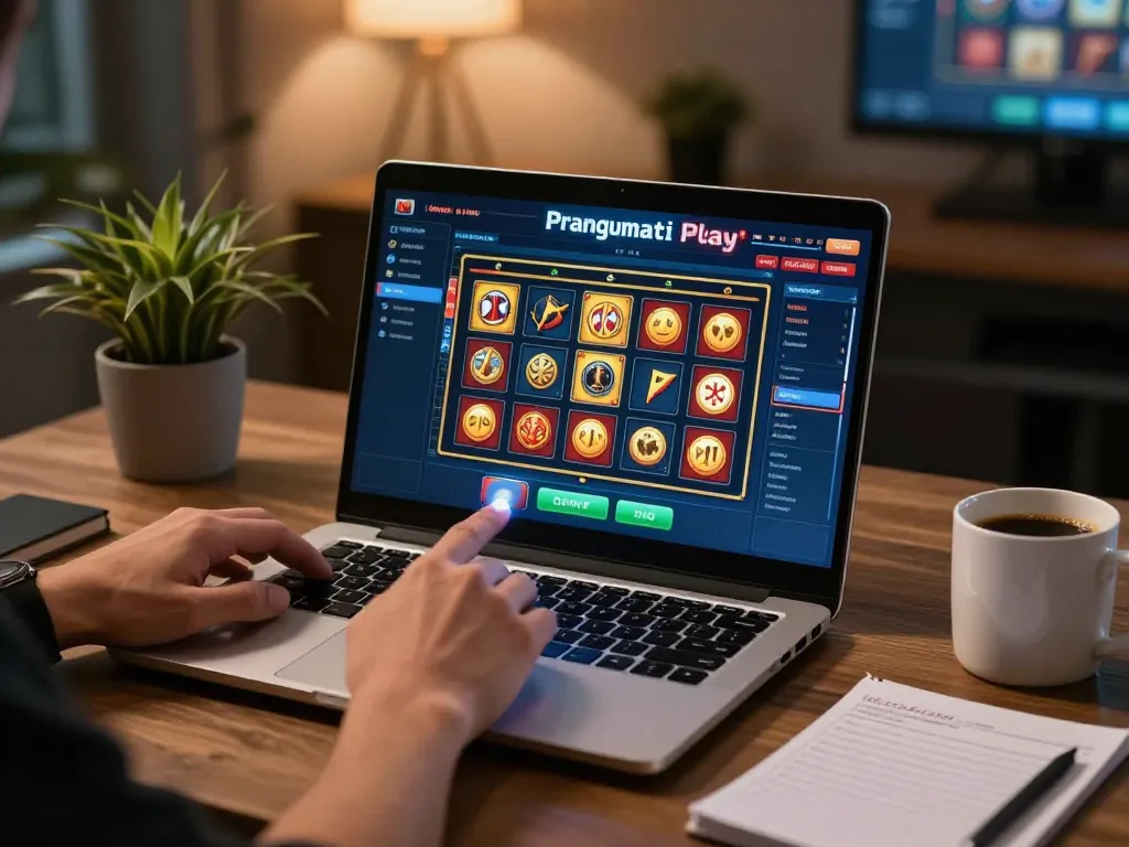 Engaging gaming experience with Pragmati Play slots on a laptop in a modern home setup.