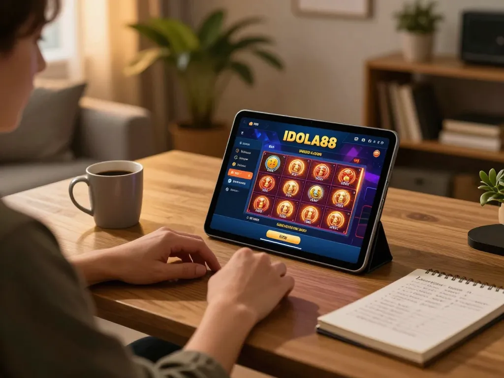 Antarmuka aplikasi perjudian online IDOLA88 yang ditampilkan di tablet selama sesi permainan santai.