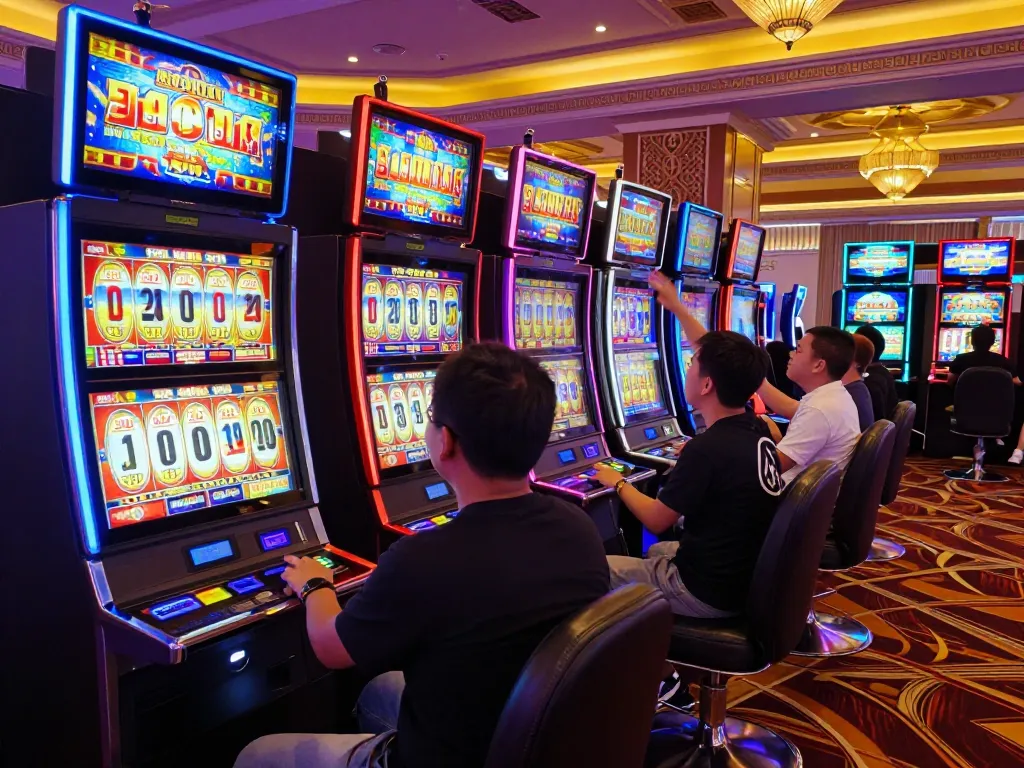 Players celebrating a winning spin on slot gacor machines in a vibrant casino atmosphere.