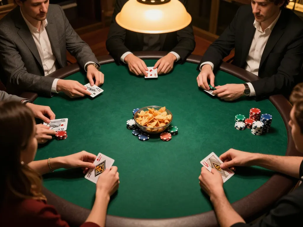 Players strategizing in a vipwin poker game at a cozy home setting with chips and cards.