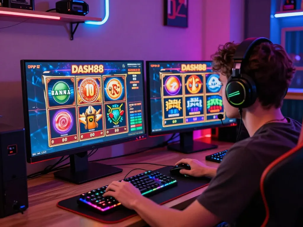 Engaged gamer on Dash88 platform enjoying colorful slot games with vibrant gaming setup.