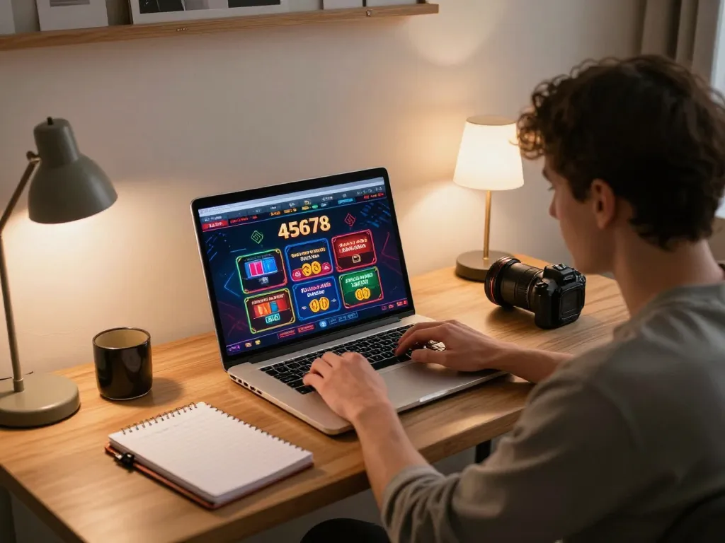 Player enjoying an online casino game on 45678 platform from a cozy home setting.