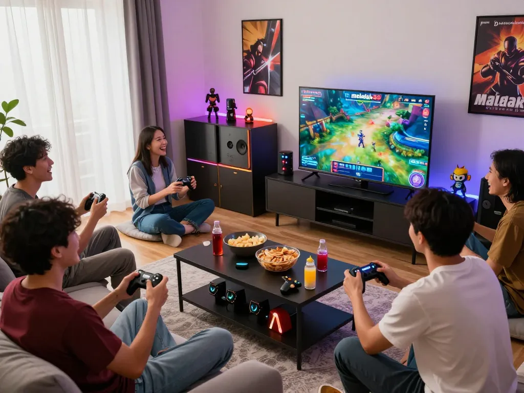 Friends enjoying a game night with meledak88 online gaming interface and vibrant atmosphere.
