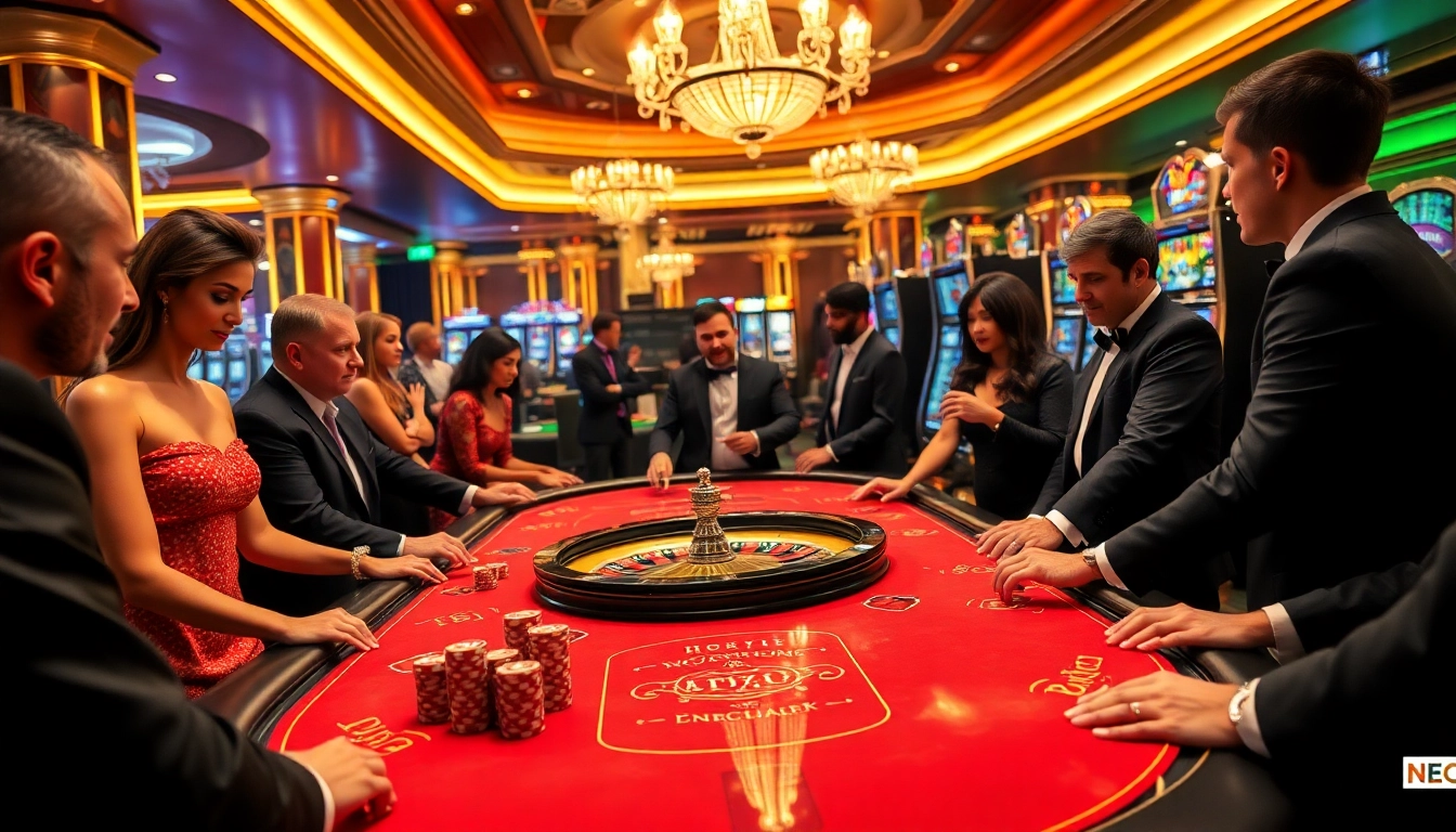 Players enjoying a thrilling game at NEO79 casino with vibrant gaming tables.