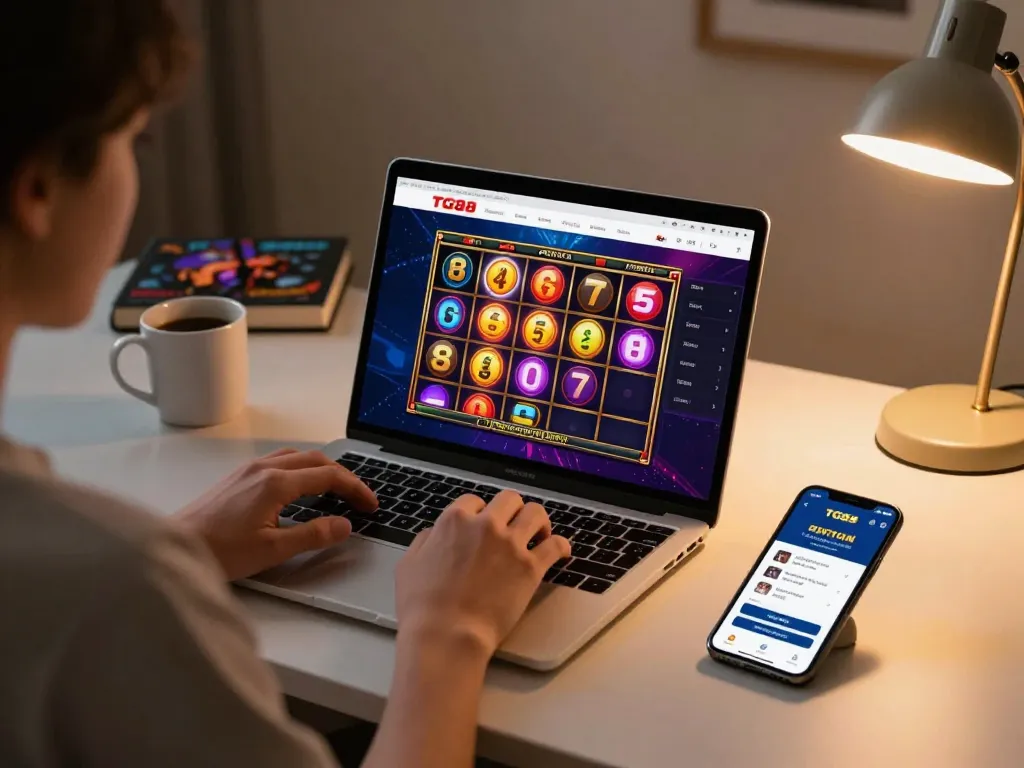 Player engaging with TG88 online casino app on a laptop, showcasing interactive slot game.