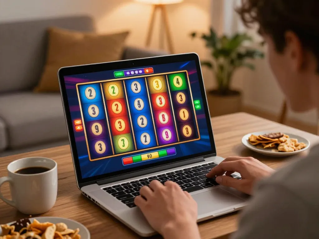 Player enjoying exciting slot90 game on laptop at home with colorful reels spinning.