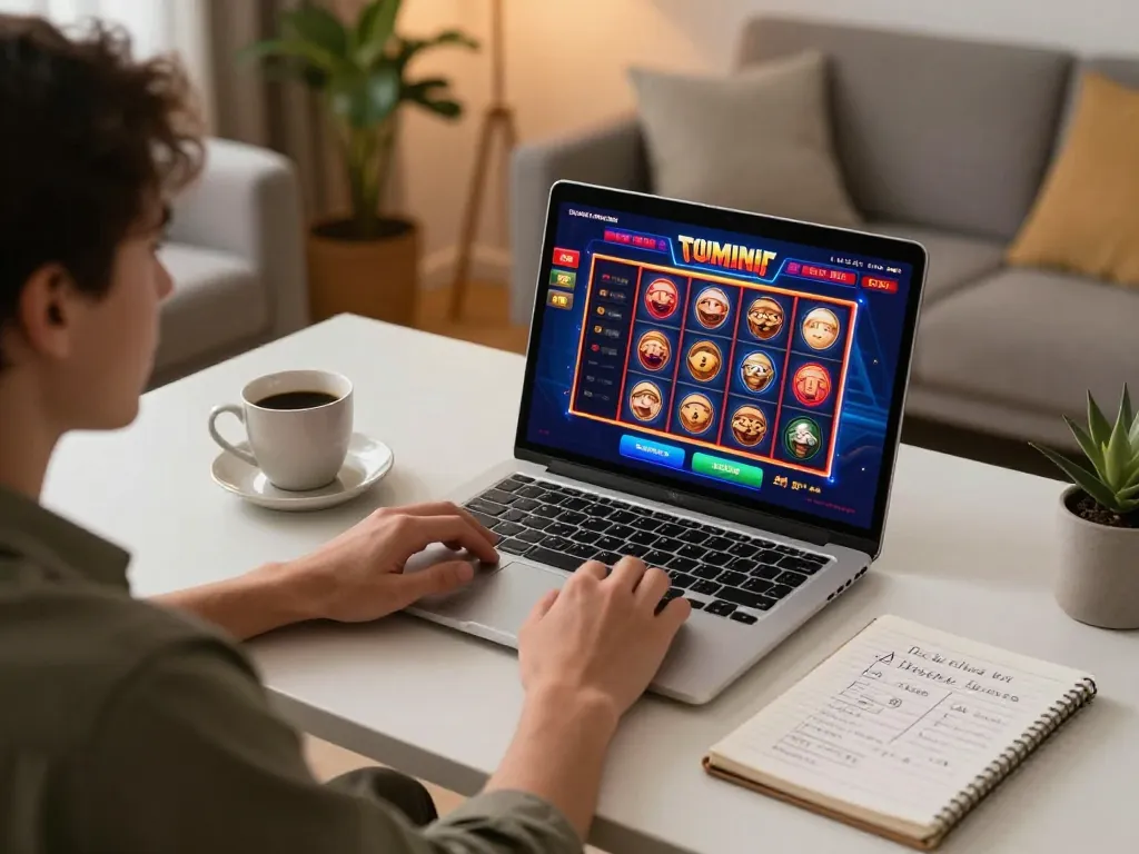 Player enjoying an exciting open 88 slot game on a laptop in a cozy home setting.