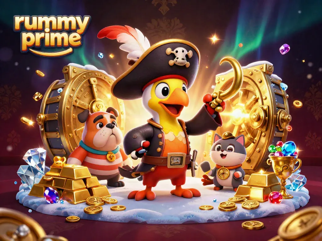 Play engaging rummy prime games with animated characters, gold treasures, and vibrant casino elements.