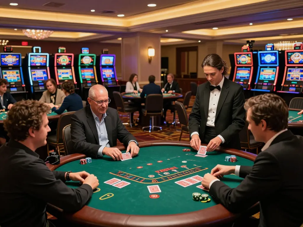 Players enjoying blackjack at Ok9 casino with vibrant atmosphere and dealer dealing cards