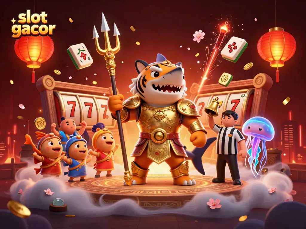 Engage with slot gacor in a dynamic underwater colosseum scene featuring a tiger shark and festive elements.