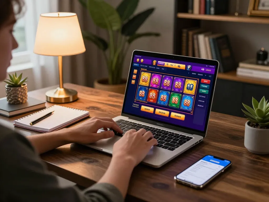 Player engaging with open 88 online slots game on laptop at home, showcasing responsible gaming.
