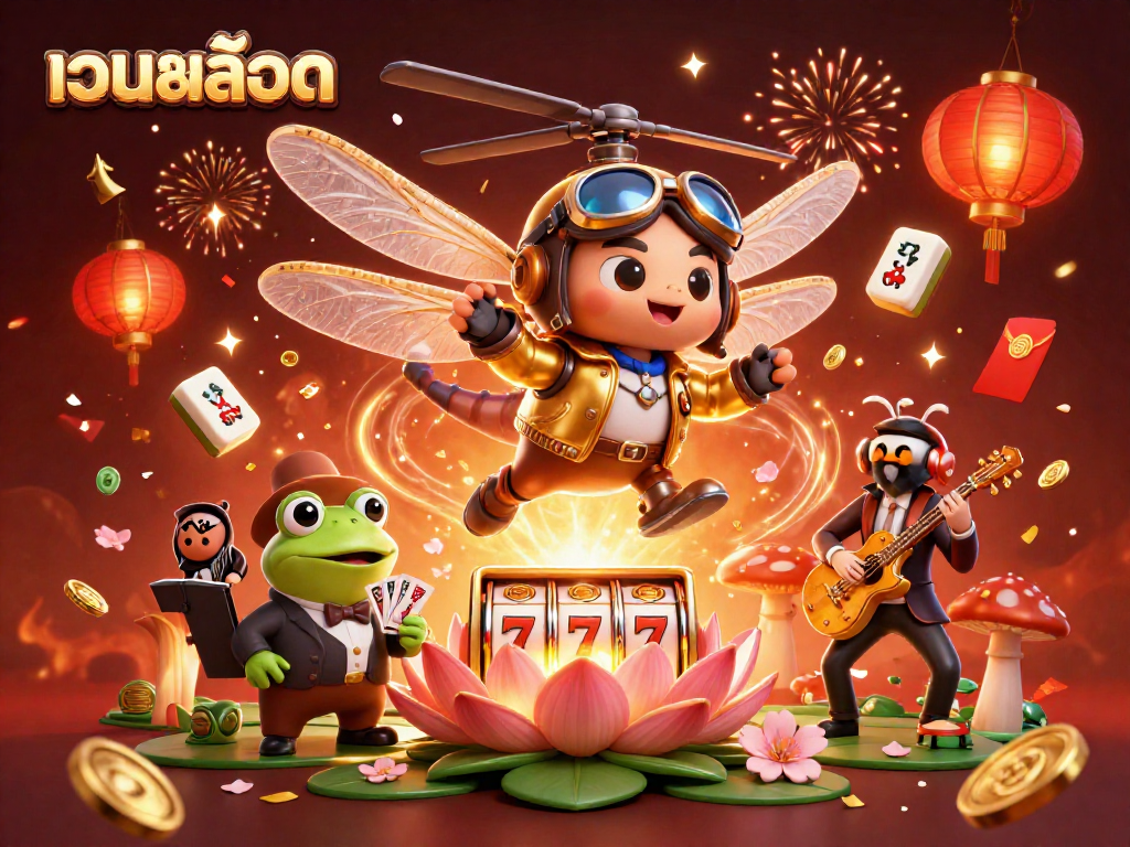 Engage with เว็บสล็อต at this vibrant 3D casino scene showcasing a dragonfly pilot, frog croupier, and festive decorations.