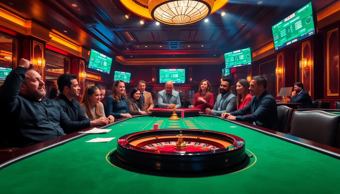 Excited players engaging in Judi Piala Dunia betting at a luxurious casino.