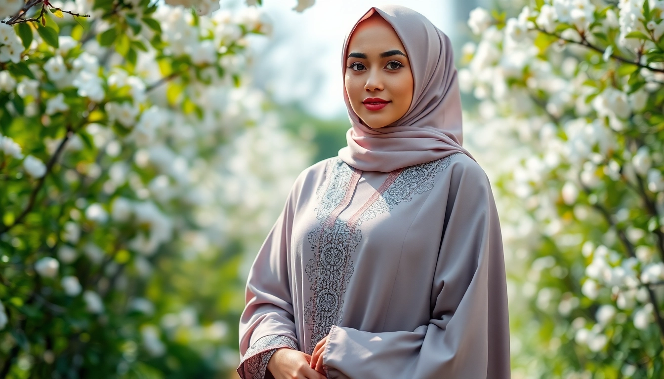 Showcasing a stunning abaya by a Modest clothing manufacturer in a serene natural setting.