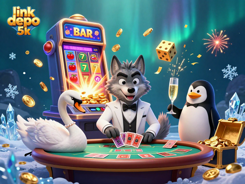 Play with excitement at link depo 5k featuring a lively casino scene with dynamic characters and gaming elements.