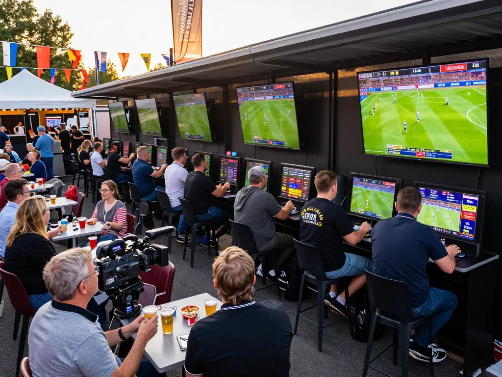 Excited bettors in HIT CLUB engage with sports screens and betting kiosks during a lively game day