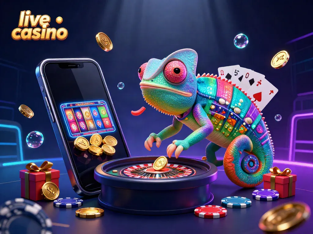 Pengalaman live casino dengan chameleon pemilik kasino dan elemen permainan di sekelilingnya.