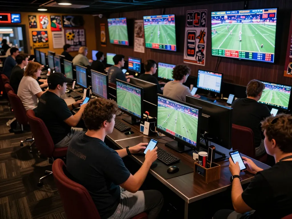 Engaged sports bettors using xocdiavn platform in an energetic betting arena with multiple screens