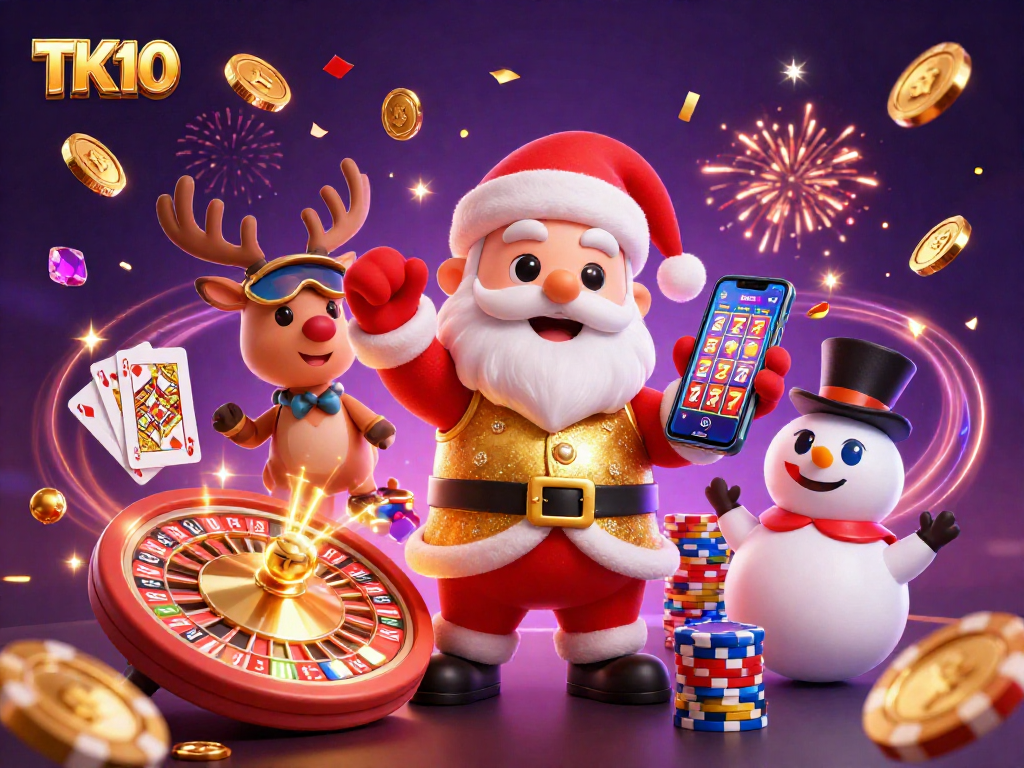 TK10 offers thrilling jackpot slot excitement with festive characters in a vibrant casino scene.