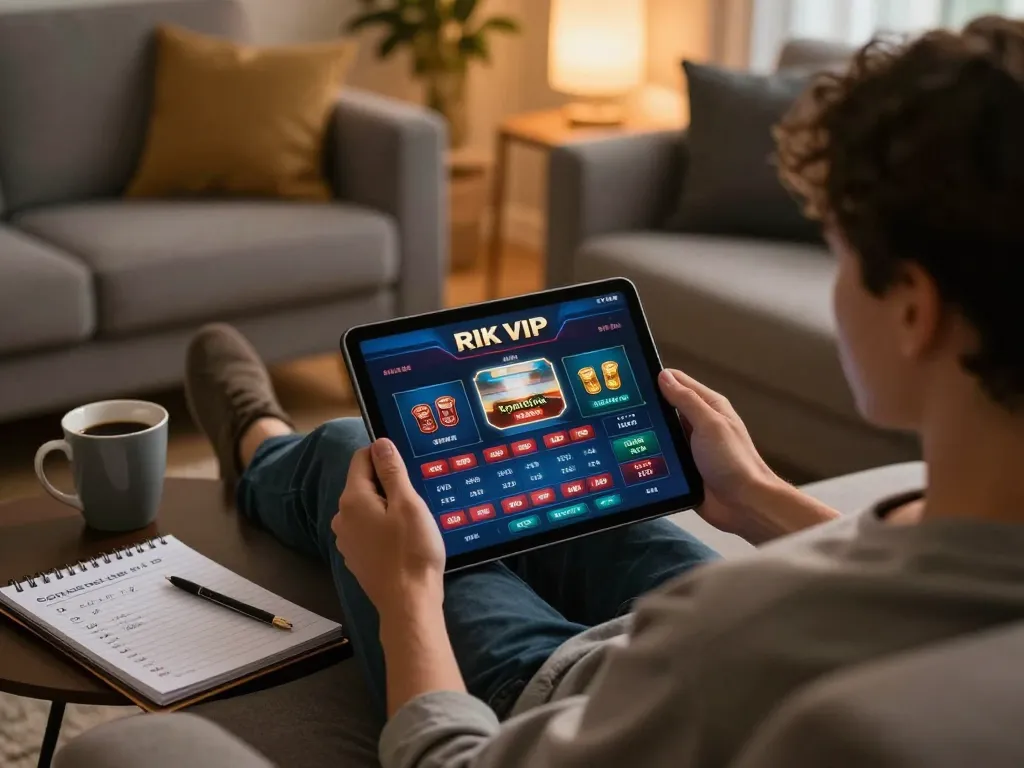 Engaging in RIK VIP online casino gaming on a tablet in a cozy living room.