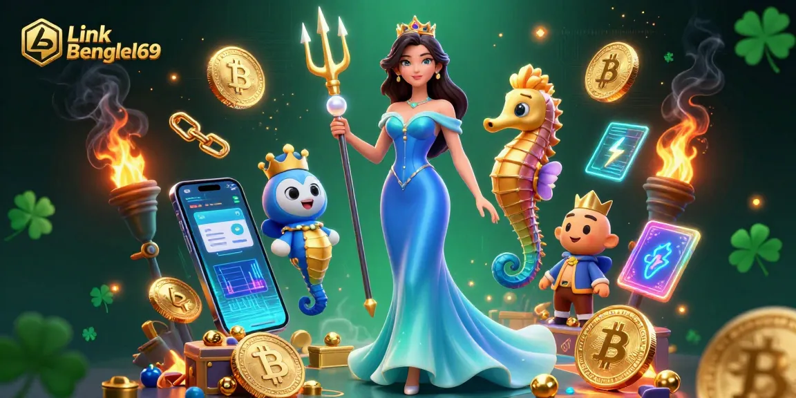 Spin to win with Link Bengkel69, an exciting 3D underwater casino adventure illustration showcasing vibrant treasures and crypto elements.