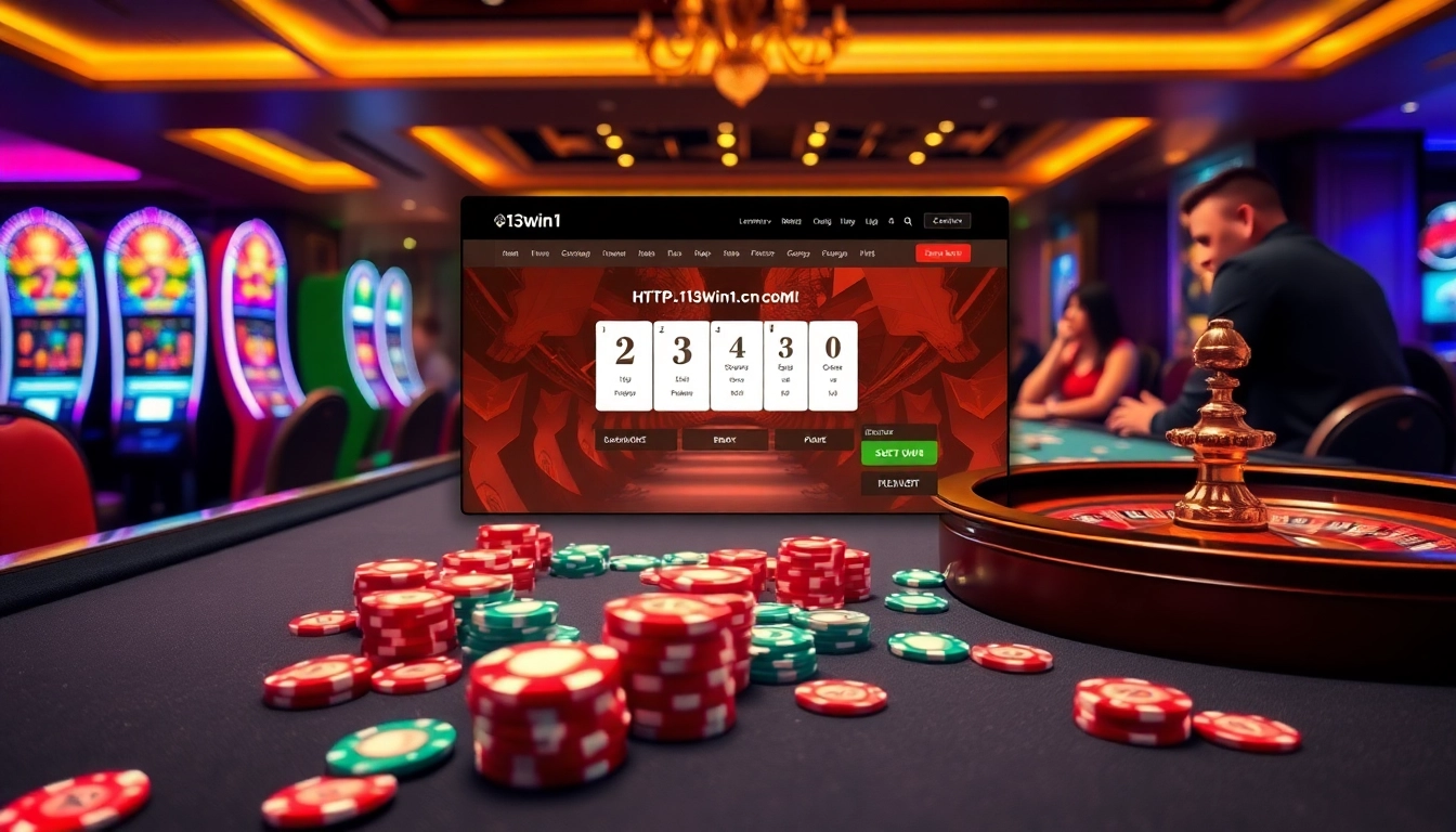 Experience online gambling at https://13win1.cn.com/ featuring vibrant poker chips and an elegant casino table.