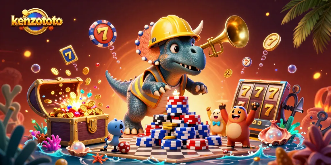 Experience the excitement of kenzototo with vibrant slot elements and cartoon mascots celebrating wins.