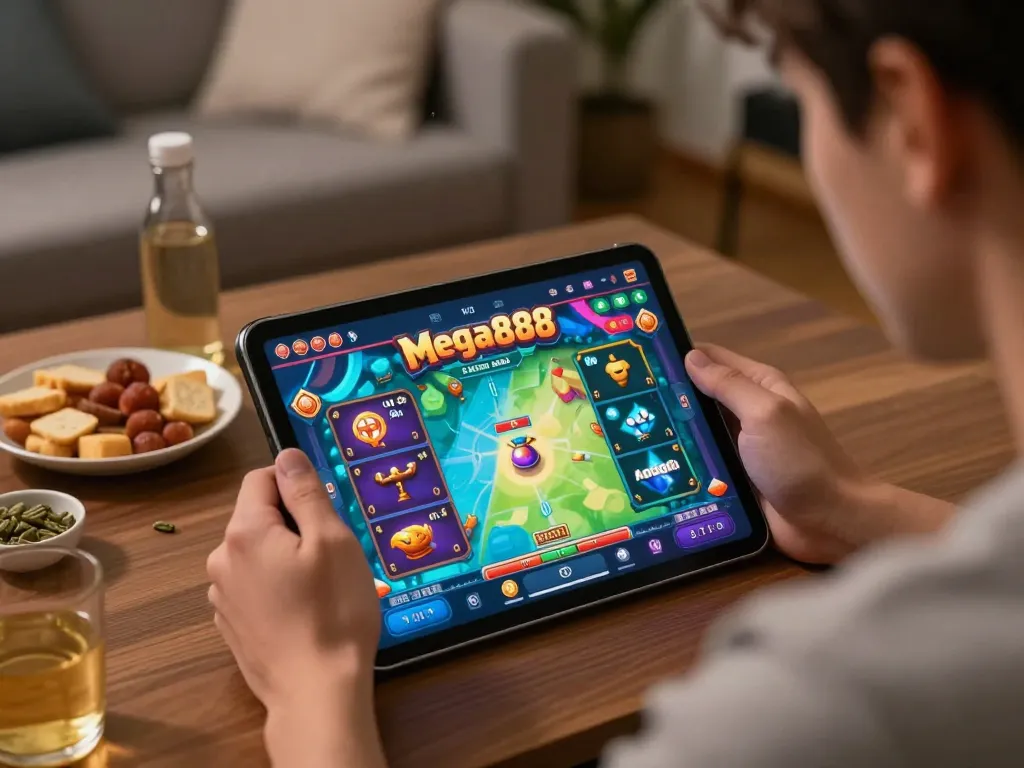 Player enjoying Mega888 original apk gaming on tablet in cozy home setting