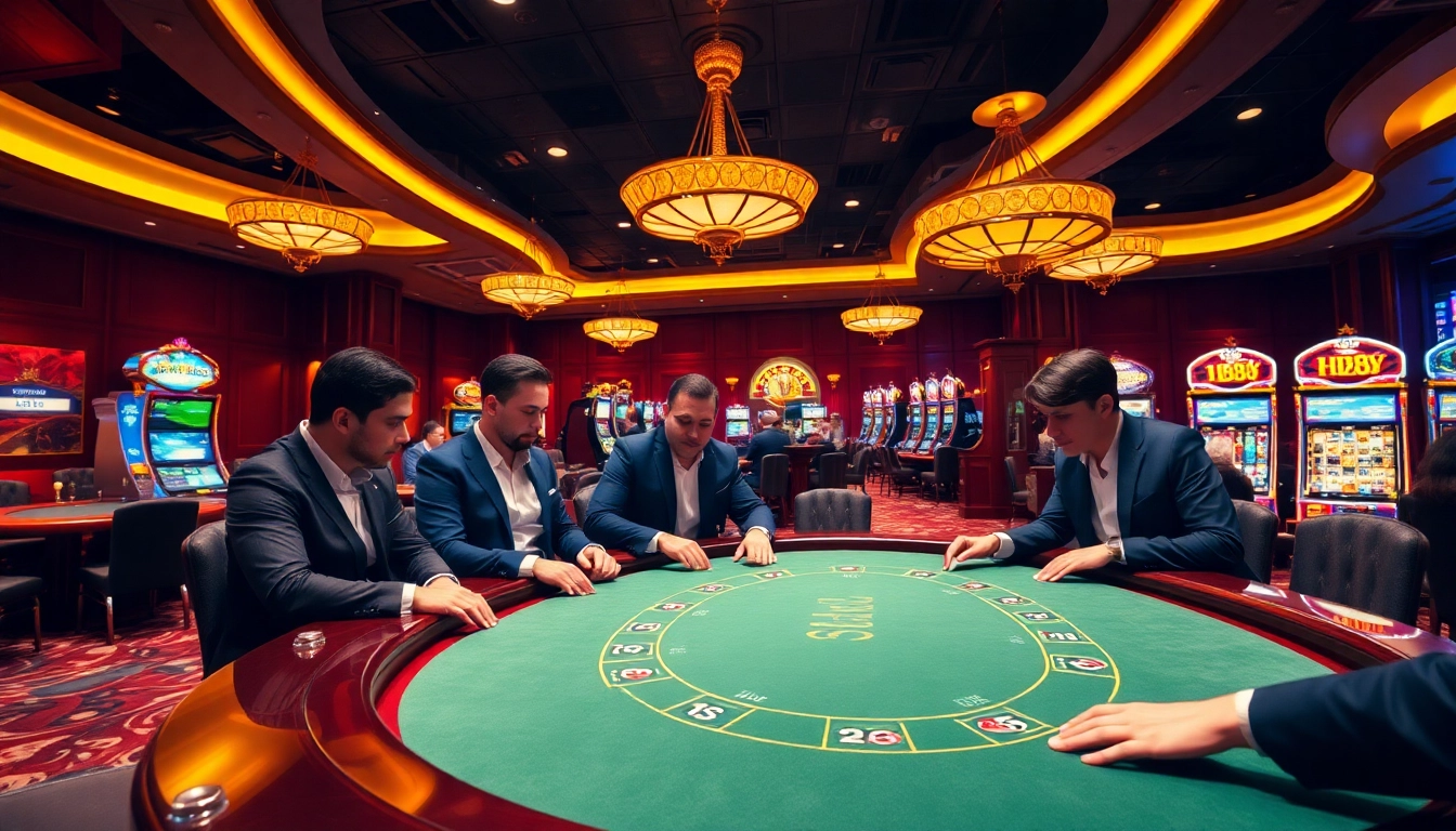 Experience excitement at hb88 with players strategizing at a luxurious casino poker table.