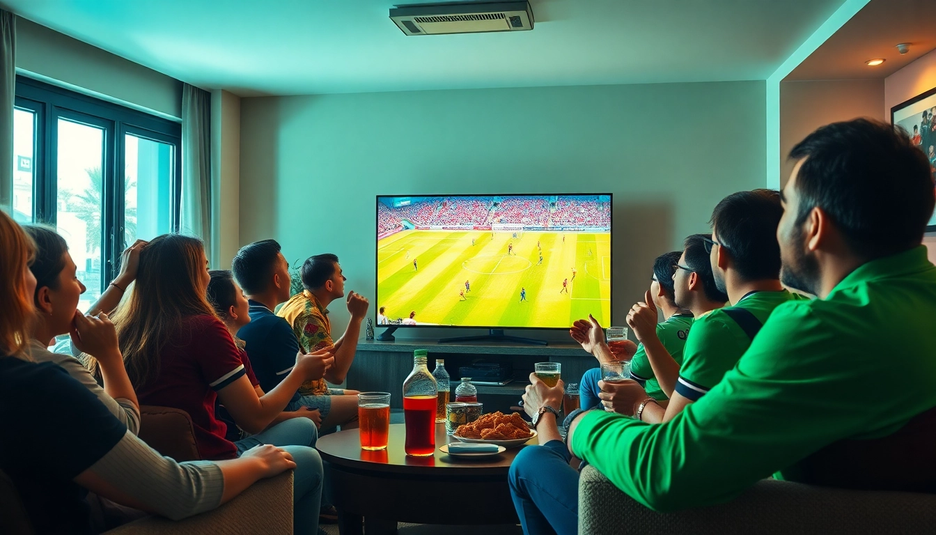 Fans enjoying a live football match on Cakhia TV in a lively home setting.