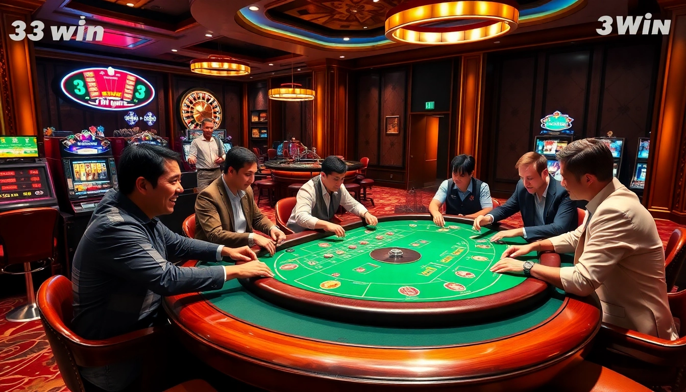 33win's thrilling poker game scene with players, chips, and roulette wheel, showcasing excitement and luxury.