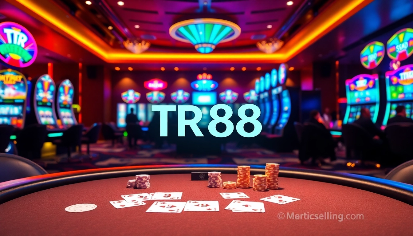 Players enjoying high-stakes games at TR88 casino with poker chips and vibrant slot machines.
