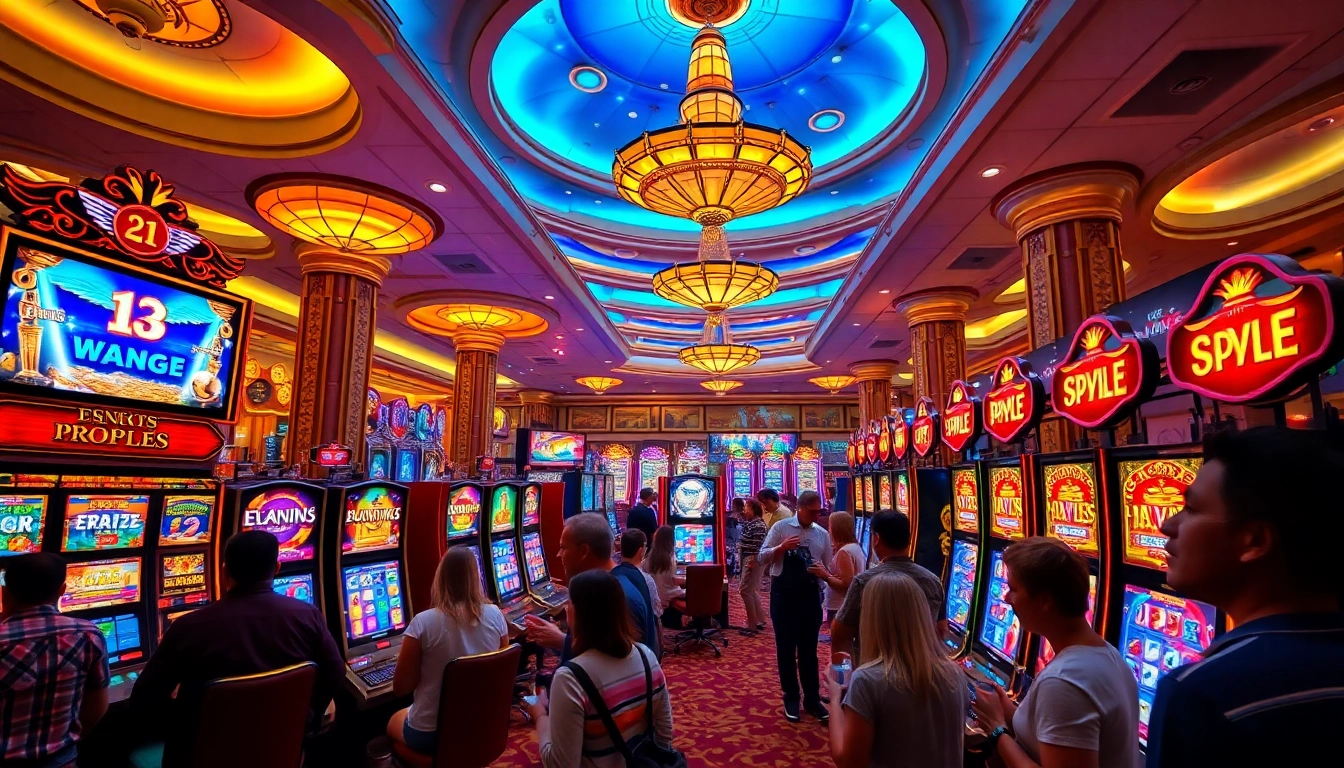 Players winning big at vibrant slot machines in a luxurious casino.
