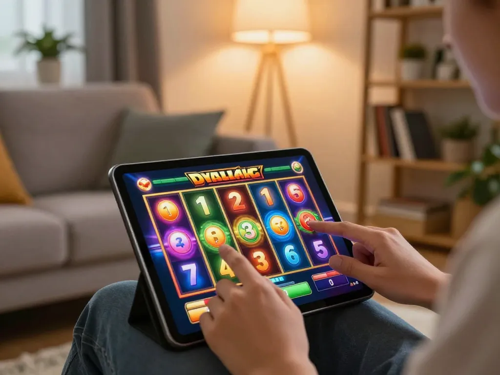 Rasakan keseruan hargatoto dengan pengguna yang terlibat memainkan permainan slot di tablet di rumah yang nyaman.