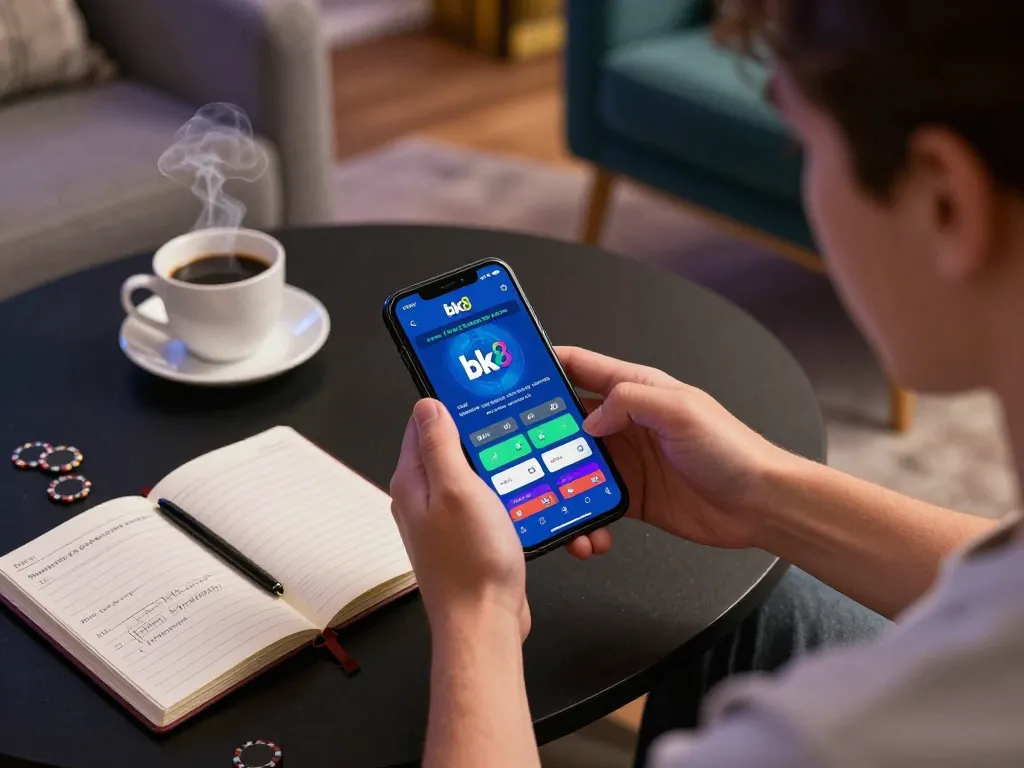 Engaged player using the bk8 mobile app for strategic gambling at home, showcasing modern lifestyle.