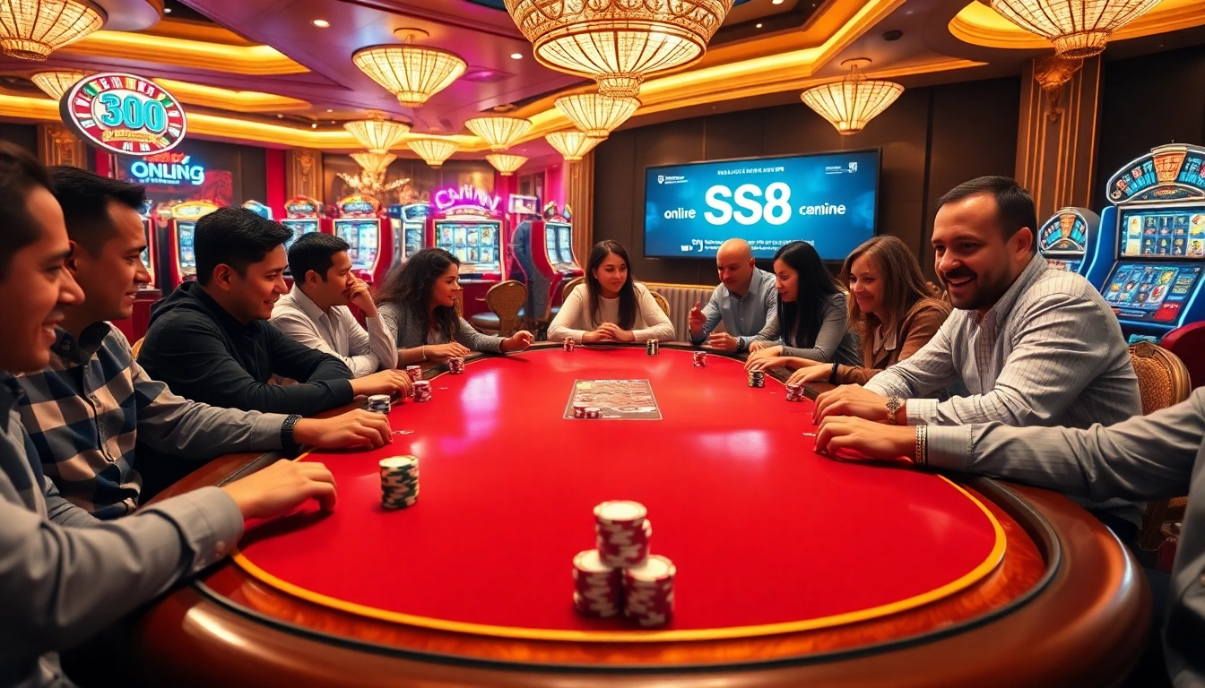 Excited players at S8 poker table showcasing high-stakes gameplay in a luxurious casino scene.